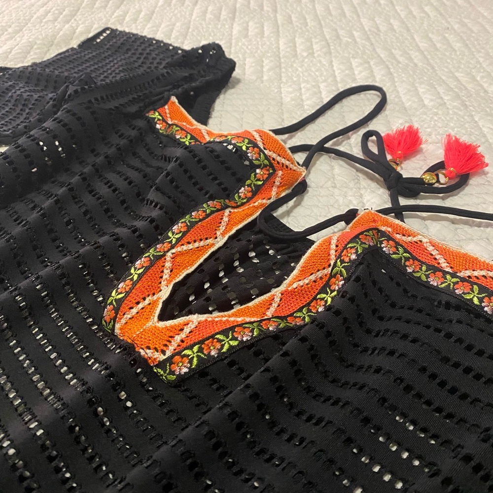 Isabella Rose Swim Black Crochet Off-Shoulder Cover Up Dress with Orange Trim - Picture 3 of 5